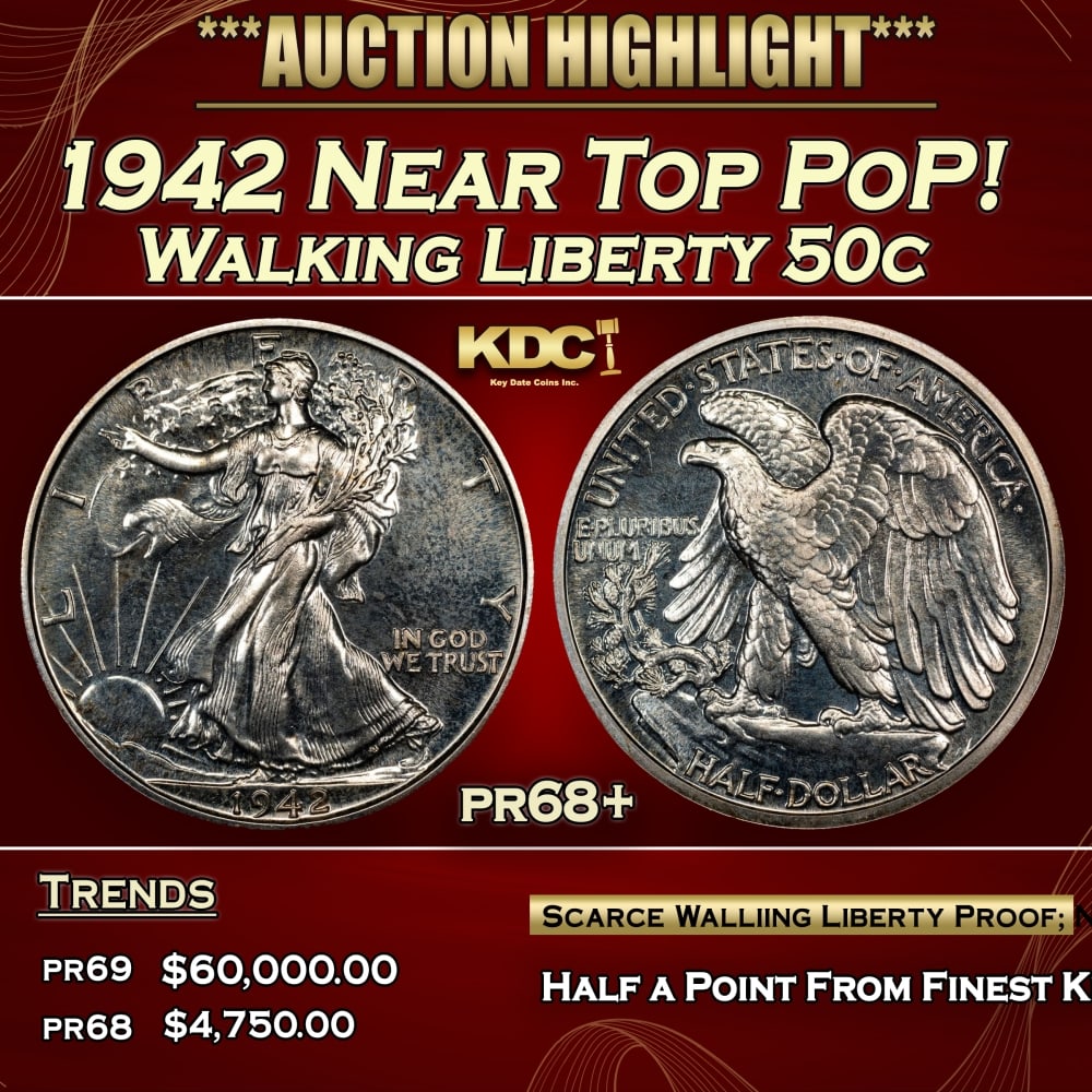 1942 Proof Walking Liberty Half Dollar Near Top PoP! 50c pr68+ SEGS: 1942 Near Top PoP! Walking Liberty Half Dollar 50c pr68+ SEGS. 0