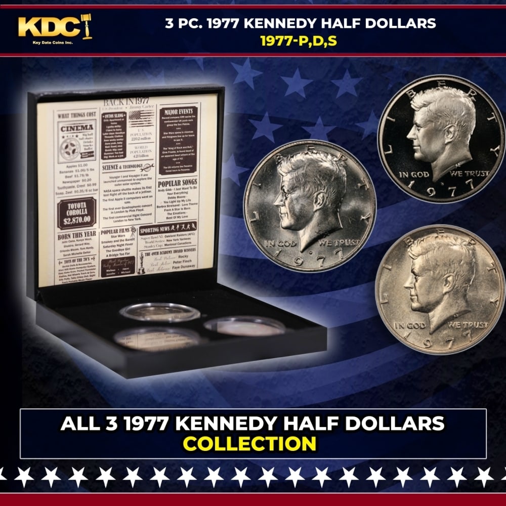 Complete 3 PC. 1977 Kennedy Half Dollar 50c set In Custom Box W/ Special Backer Card BU & Proof: Complete 3 PC. 1977 Kennedy Half Dollar 50c set In Custom Box W/ Special Backer Card BU & Proof COOL!. Please Note All Backer Cards may have slight differences but will be very similar if not identica