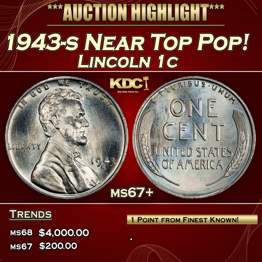 1943-s Lincoln Cent Near Top Pop! 1c ms67+ SEGS: 1943-s Near Top Pop! Lincoln Cent 1c ms67+ SEGS. One year type coin. The much heralded, "Steel" WWII cent. Great example of a favorite coin. The 1943-s Wartime issue Steel Cent. The s mint is the scar