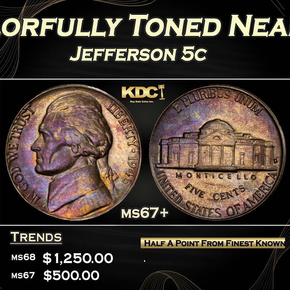 1946-d Jefferson Nickel Colorfully Toned Near Top Pop 5c ms67+ SEGS: 1946-d Colorfully Toned Near Top Pop Jefferson Nickel 5c ms67+ SEGS. 0