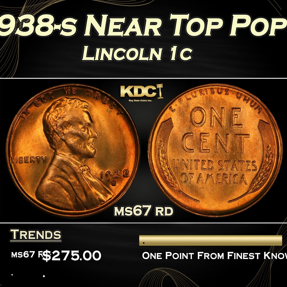 1938-s Lincoln Cent Near Top Pop 1c ms67 rd SEGS: 1938-s Near Top Pop Lincoln Cent 1c ms67 rd SEGS. 0