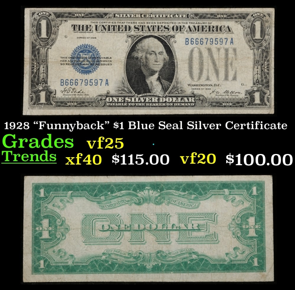 1928 $1 Blue Seal Silver Certificate "Funnyback" Grades vf+: 1928 $1 Blue Seal Silver Certificate "Funnyback" Grades vf+. FR-1600 Signatures Tate-Mellon These were the first notes to be called funnybacks. The reason they are called funnybacks is because of the