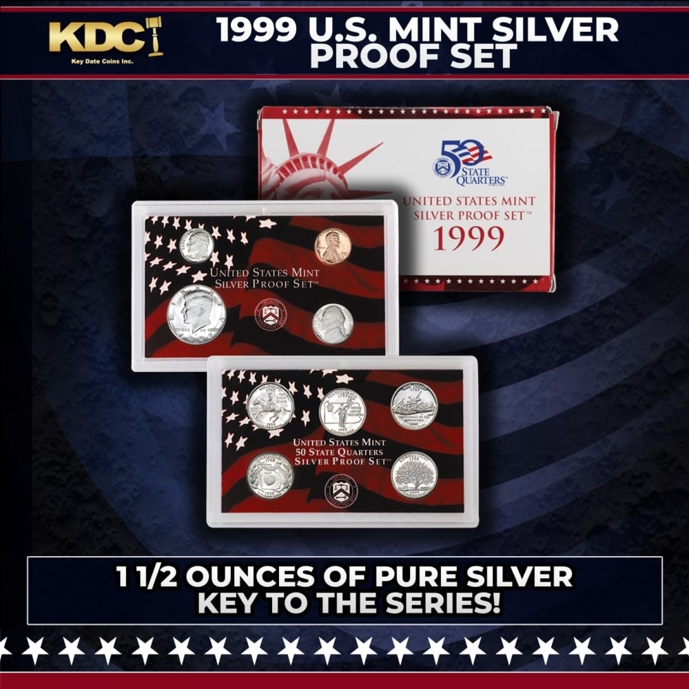 1999 United States Silver Proof Set about 1 1/2 ounces of pure silver KEY TO THE SERIES!!: 1999 United States Silver Proof Set about 1 1/2 ounces of pure silver KEY TO THE SERIES!!. 1999-s United States Mint Silver Proof Set with 9 coins. Produced at the San Francisco Mint, this proof sets