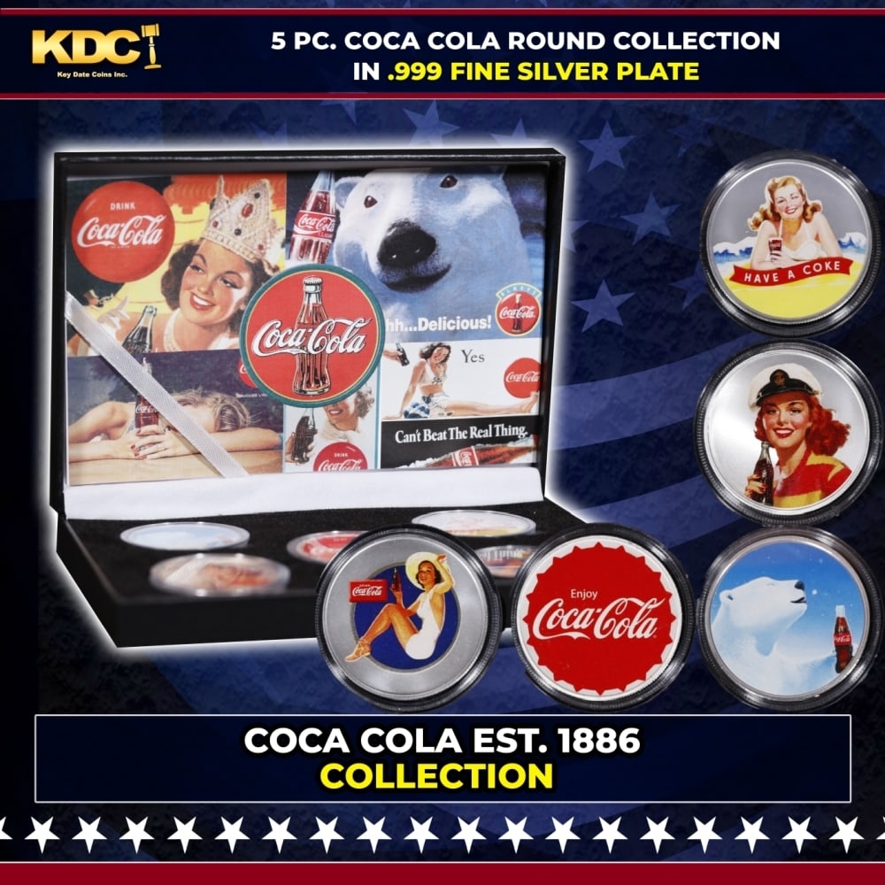 5 Coin Classic Coca-Cola Silver Plated Round Collection In Custom Box W/ Special Backer card: 5 Coin Classic Coca-Cola Silver Plated Round Collection In Custom Box W/ Special Backer card. Please Note All Backer Cards may have slight differences but will be very similar if not identical to the