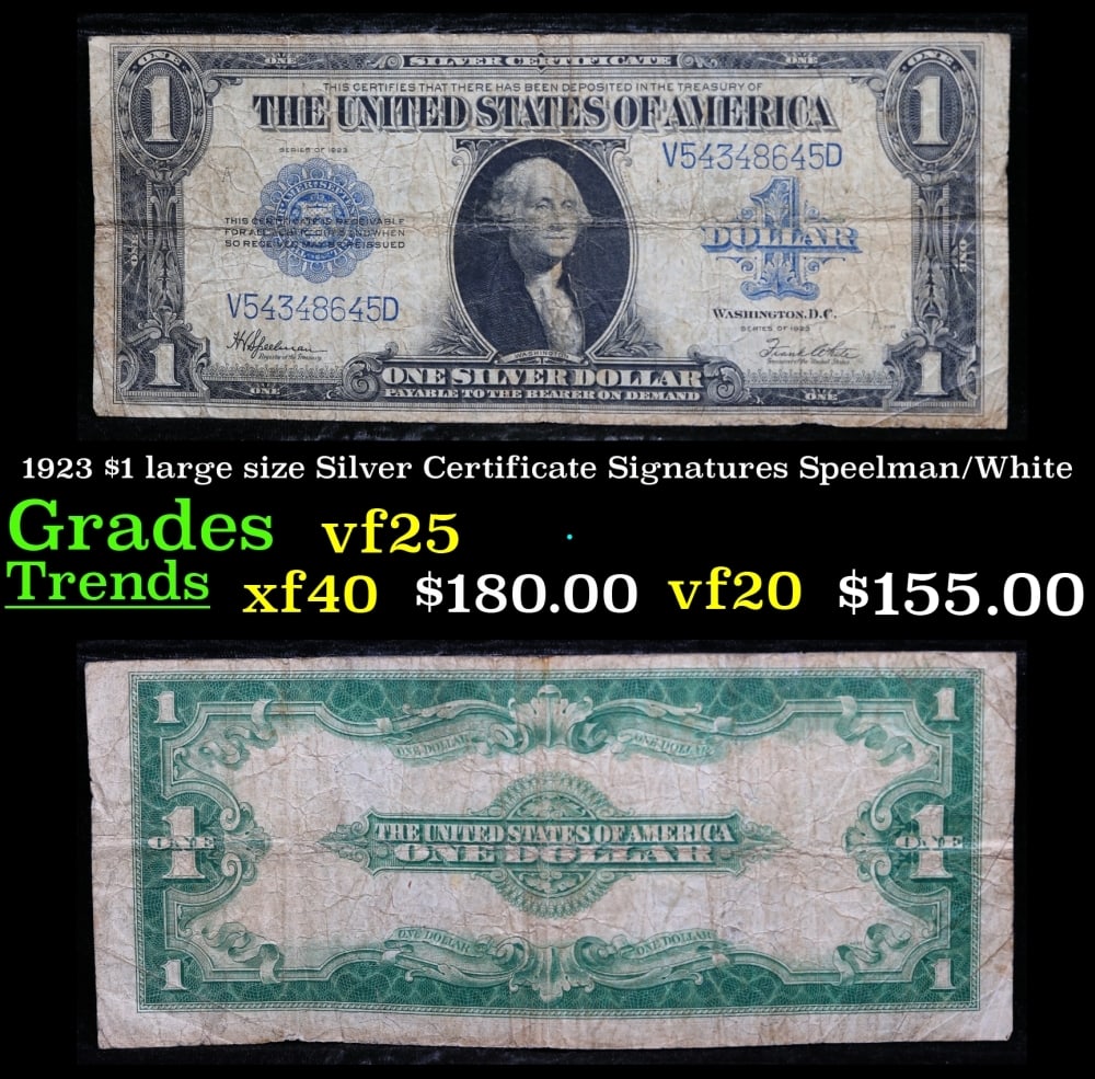 1923 $1 large size Silver Certificate Grades vf+ Signatures Speelman/White: 1923 $1 large size Silver Certificate Grades vf+ Signatures Speelman/White. Fr-237 The term “horse blanket” gets used a lot when talking about large size currency. It is most frequently used t