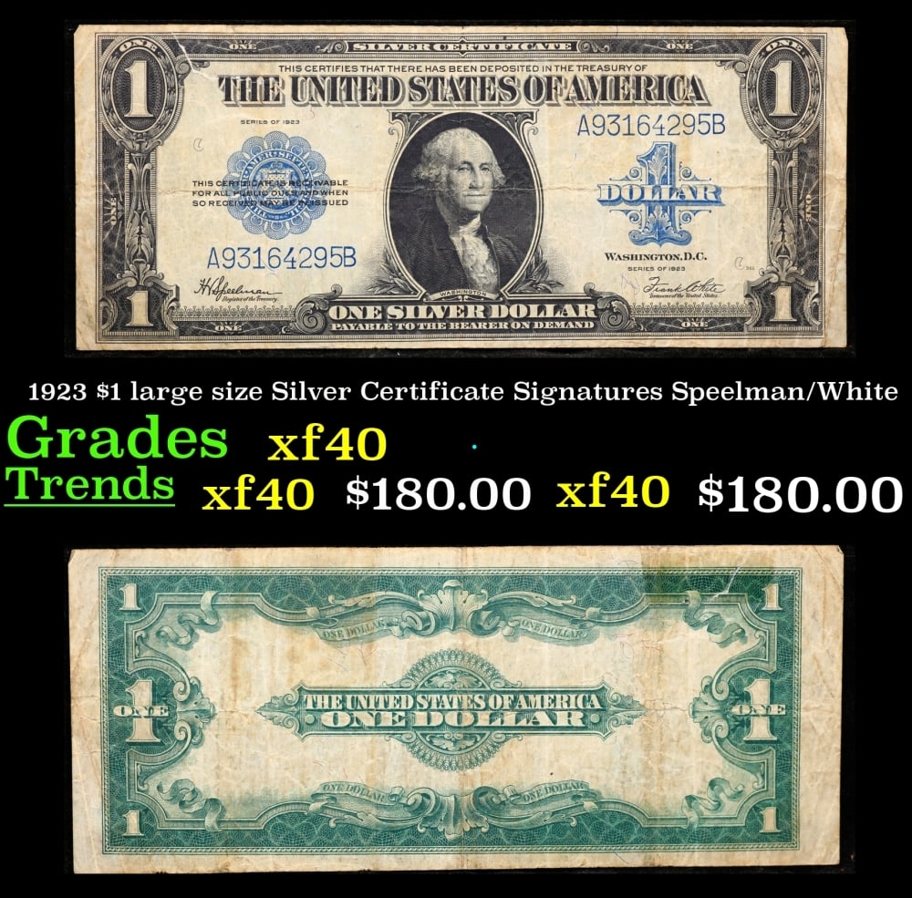 1923 $1 large size Silver Certificate Grades xf Signatures Speelman/White: 1923 $1 large size Silver Certificate Grades xf Signatures Speelman/White. Fr-237 The term “horse blanket” gets used a lot when talking about large size currency. It is most frequently used to