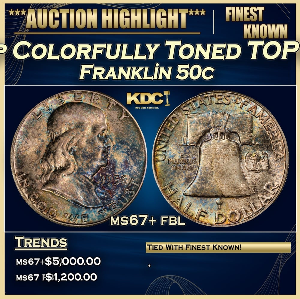 1956-p Franklin Half Dollar Colorfully Toned TOP POP! 50c ms67+ fbl SEGS: 1956-p Colorfully Toned TOP POP! Franklin Half Dollar 50c ms67+ fbl SEGS. 0