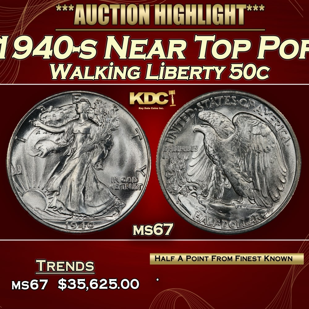 1940-s Walking Liberty Half Dollar Near Top Pop 50c ms67 SEGS: 1940-s Near Top Pop Walking Liberty Half Dollar 50c ms67 SEGS. 0