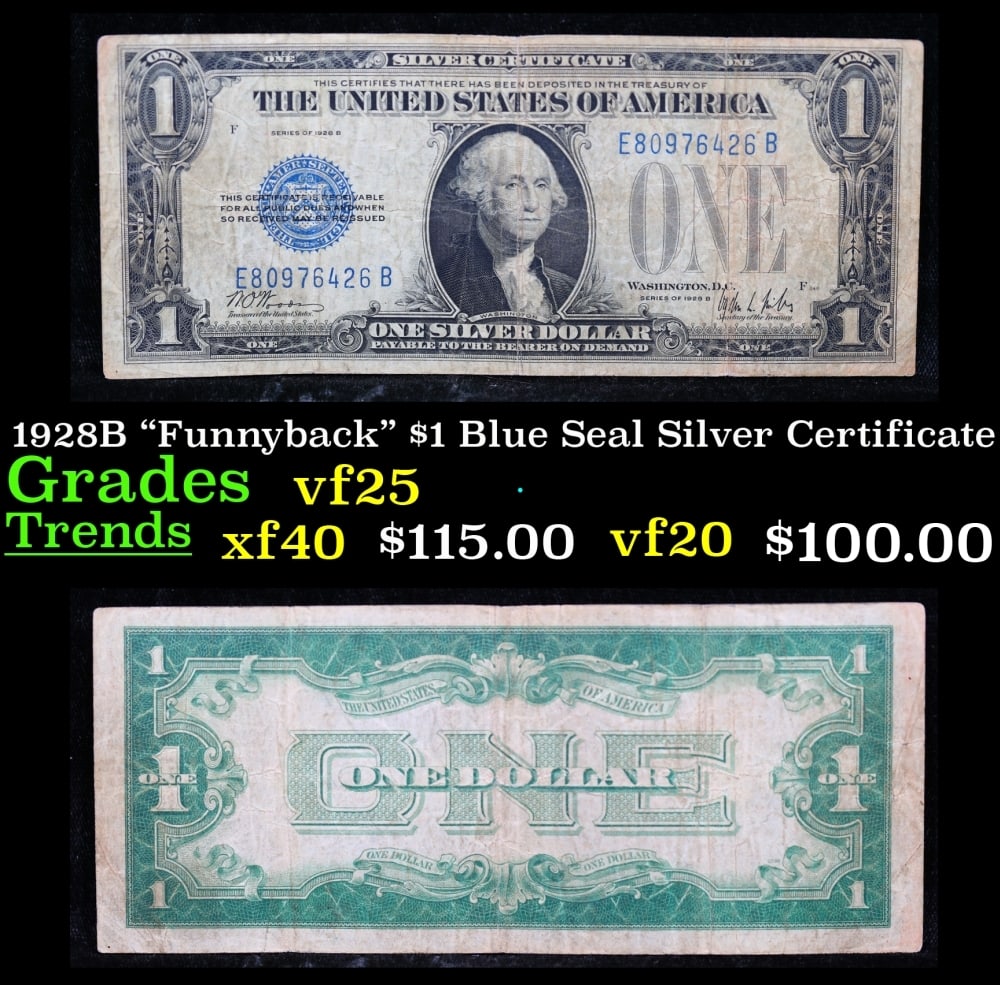 1928B $1 Blue Seal Silver Certificate "Funnyback" Grades vf+: 1928B $1 Blue Seal Silver Certificate "Funnyback" Grades vf+. FR-1602 Signatures Woods-Mills These were the first notes to be called funnybacks. The reason they are called funnybacks is because of the