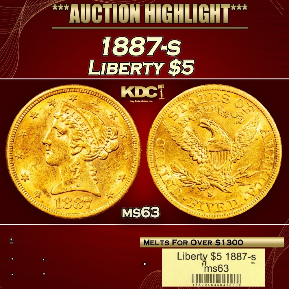 1887-s Gold Liberty Half Eagle $5 ms63 USCG: 1887-s Gold Liberty Half Eagle $5 ms63 USCG. 0