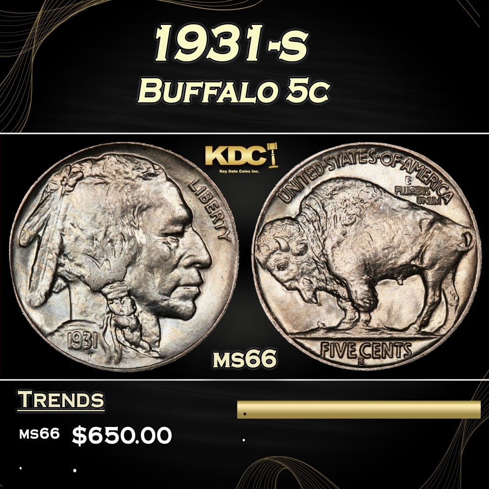 1931-s Buffalo Nickel 5c Grades ms66: 1931-s Buffalo Nickel 5c Grades ms66. 0