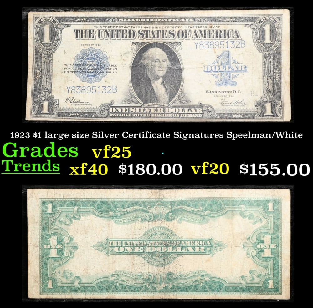 1923 $1 large size Silver Certificate Grades vf+ Signatures Speelman/White: 1923 $1 large size Silver Certificate Grades vf+ Signatures Speelman/White. Fr-237 The term “horse blanket” gets used a lot when talking about large size currency. It is most frequently used t