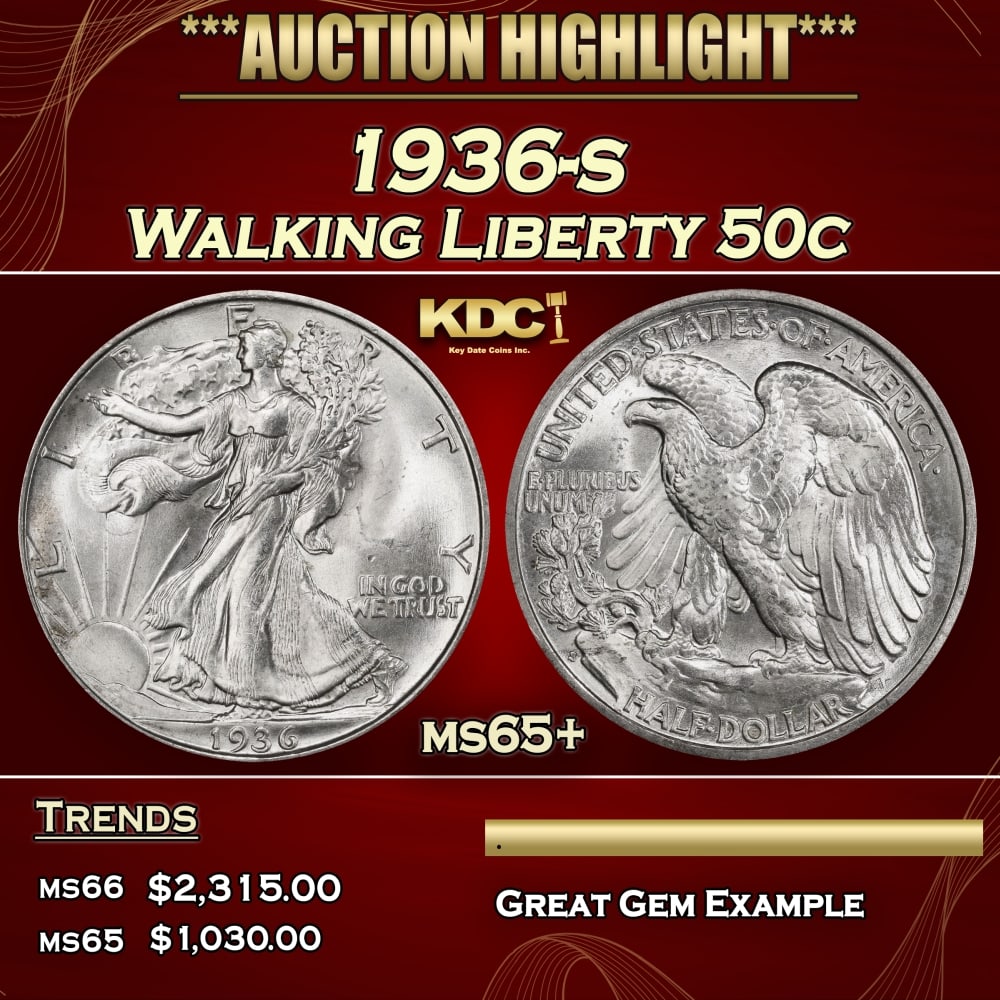 1936-s Walking Liberty Half Dollar 50c ms65+ SEGS: 1936-s Walking Liberty Half Dollar 50c ms65+ SEGS. 0