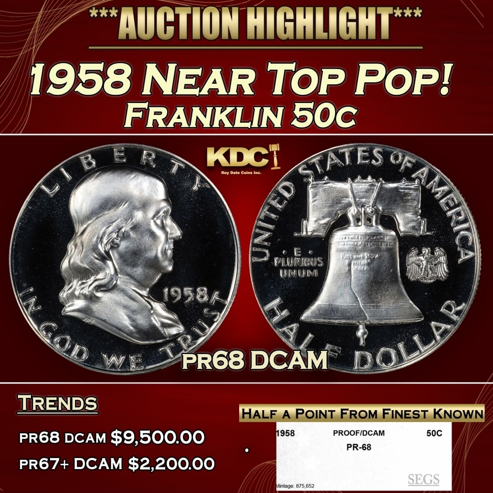 1958 Proof Franklin Half Dollar Near Top Pop! 50c pr68 DCAM SEGS: 1958 Near Top Pop! Franklin Half Dollar 50c pr68 DCAM SEGS. Historic precious metal trends is causing increased spot pricing by the day. On auctions with set openings, we are doing our best to have it