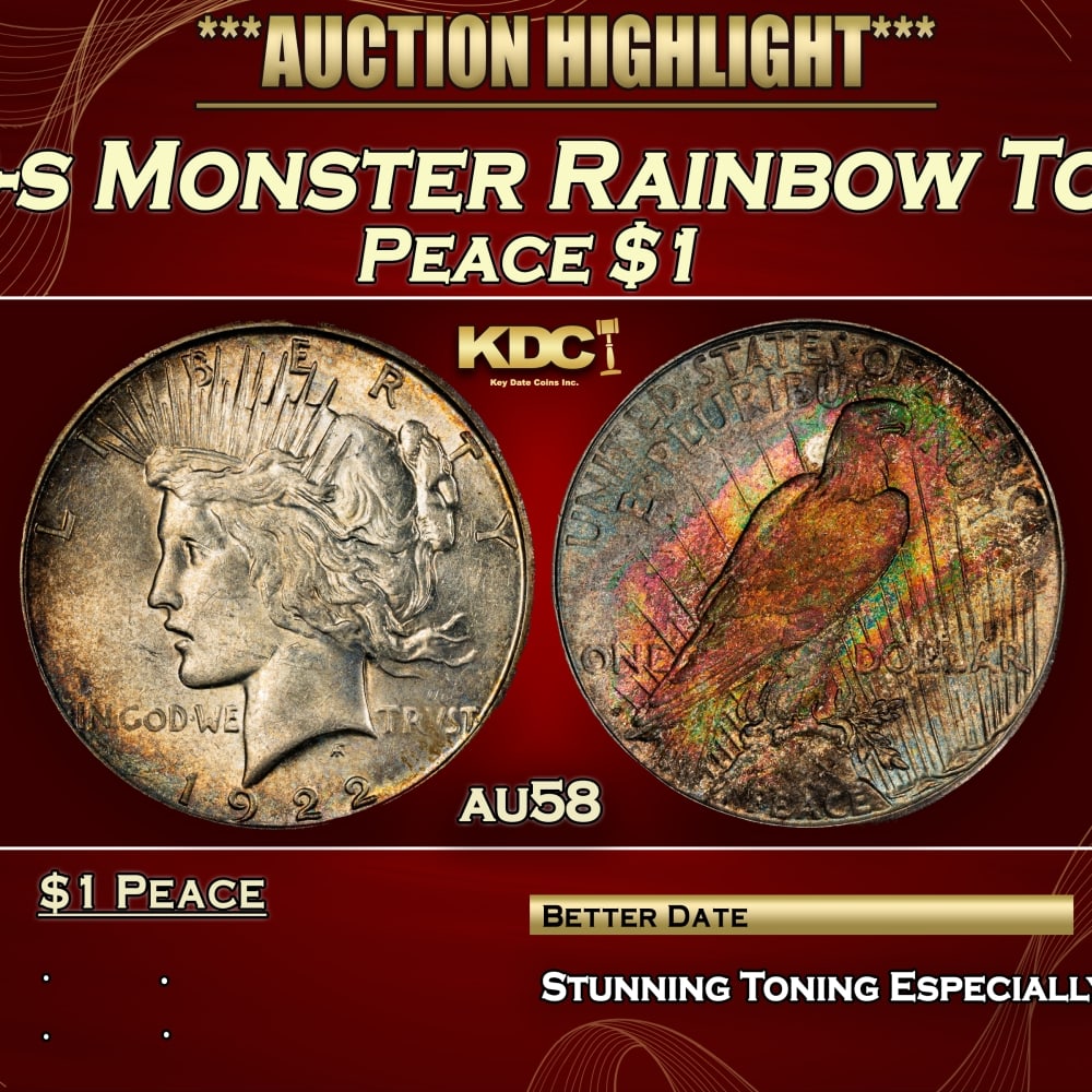 PCGS 1922-s Peace Dollar Monster Rainbow Toned $1 au58 PCGS: PCGS 1922-s Monster Rainbow Toned Peace Dollar $1 au58 PCGS. 0