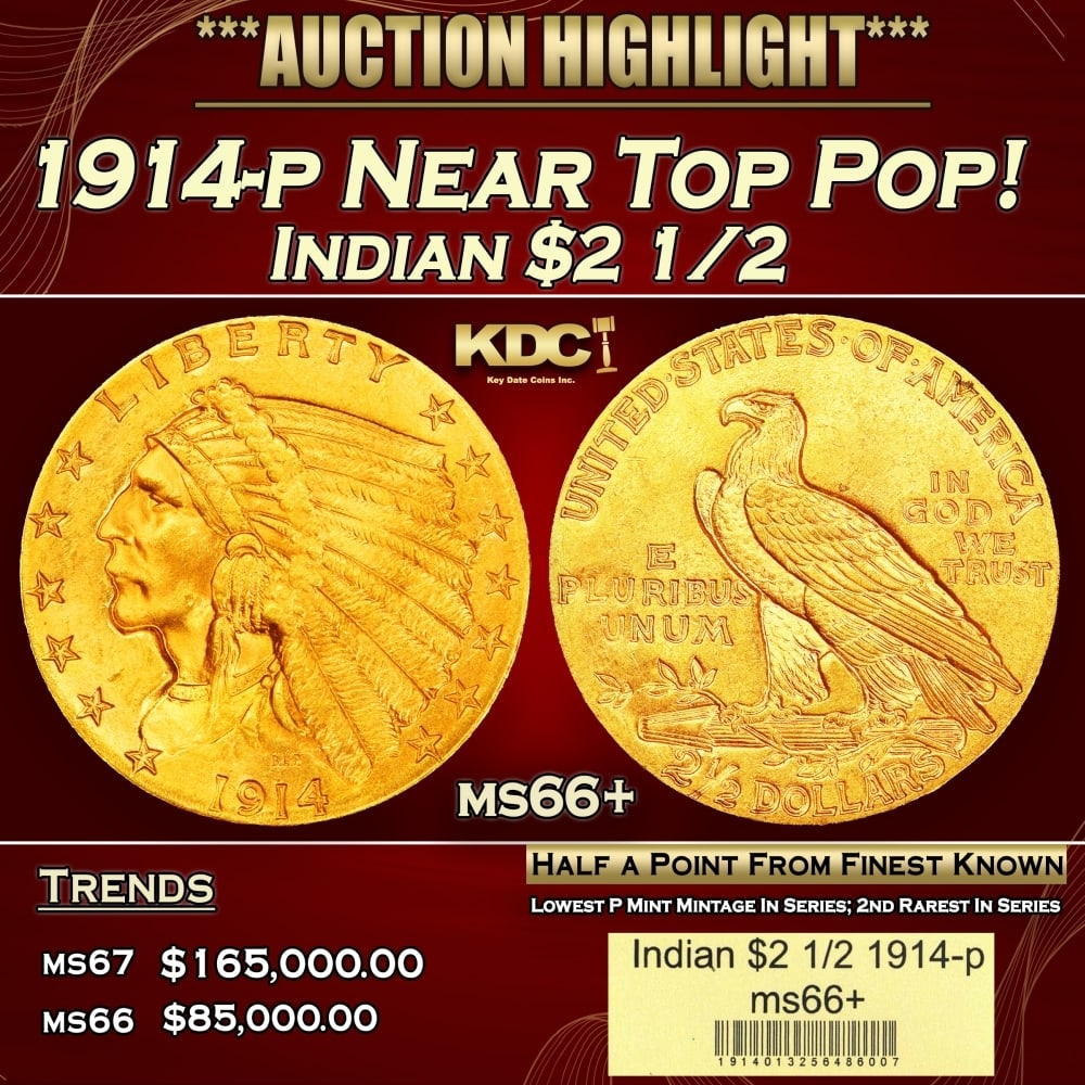 1914-p Gold Indian Quarter Eagle Near Top Pop! $2 1/2 ms66+ USCG: 1914-p Near Top Pop! Gold Indian Quarter Eagle $2 1/2 ms66+ USCG. The 1914 Indian quarter eagle boasts the lowest mintage of any Philadelphia issue of the series, at a mere 240,000 pieces. The 1914 is