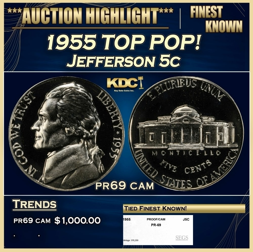 1955 Proof Jefferson Nickel TOP POP! 5c pr69 cam SEGS: 1955 TOP POP! Jefferson Nickel 5c pr69 cam SEGS. 0