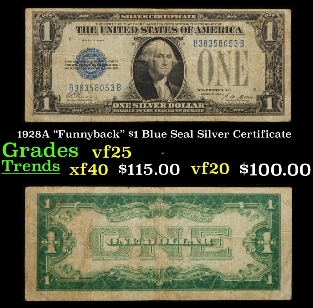 1928A $1 Blue Seal Silver Certificate "Funnyback" Grades vf+: 1928A $1 Blue Seal Silver Certificate "Funnyback" Grades vf+. FR-1601 Signatures Woods-Mellon These were the first notes to be called funnybacks. The reason they are called funnybacks is because of th