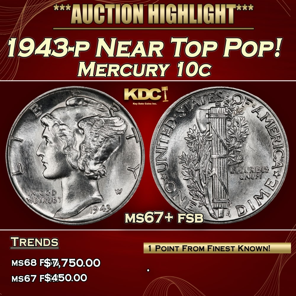 1943-p Mercury Dime Near Top Pop! 10c ms67+ fsb SEGS: 1943-p Near Top Pop! Mercury Dime 10c ms67+ fsb SEGS. 0