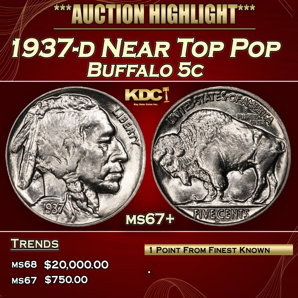 1937-d Buffalo Nickel Near Top Pop 5c ms67+ SEGS: 1937-d Near Top Pop Buffalo Nickel 5c ms67+ SEGS. A Key Date's Pick, Bid to Win, Don't let it get Away, you might not find its equal Coin. I give this coin my highest recommendation