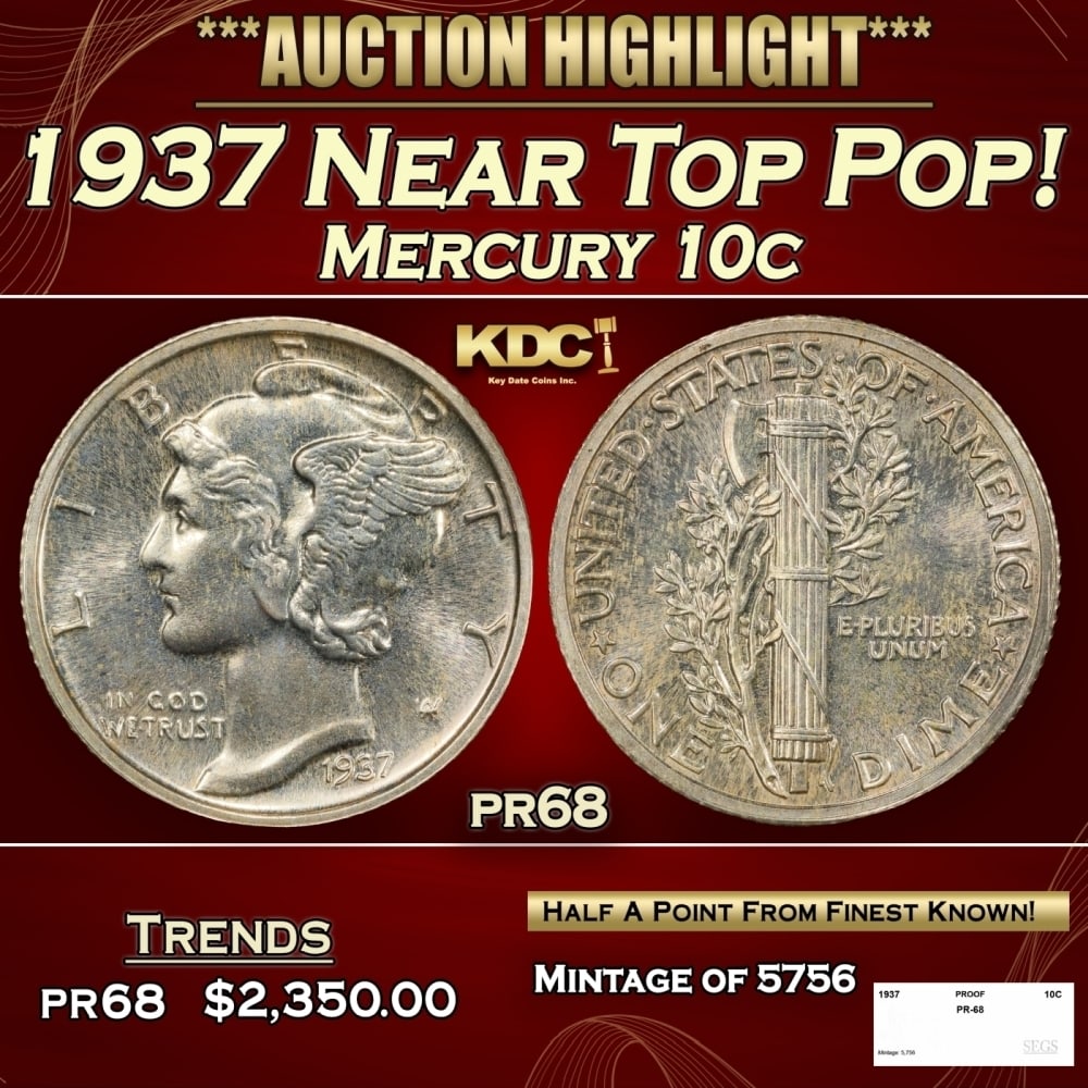 1937 Proof Mercury Dime Near Top Pop! 10c pr68 SEGS: 1937 Near Top Pop! Mercury Dime 10c pr68 SEGS. 0