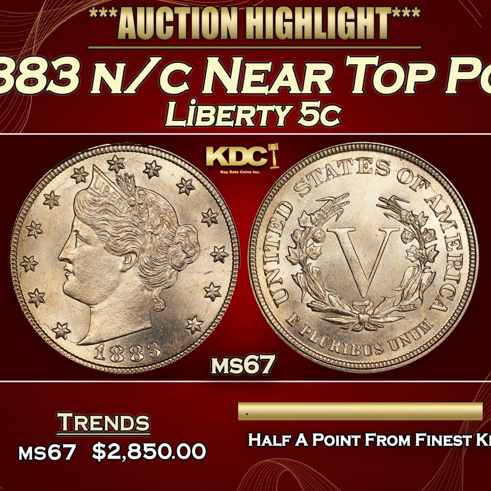1883 n/c Liberty Nickel Near Top Pop 5c ms67 SEGS: 1883 n/c Near Top Pop Liberty Nickel 5c ms67 SEGS. 0
