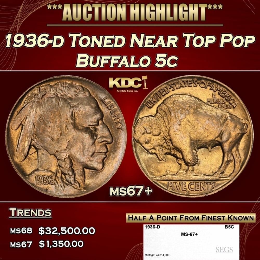1936-d Buffalo Nickel Toned Near Top Pop 5c ms67+ SEGS: 1936-d Toned Near Top Pop Buffalo Nickel 5c ms67+ SEGS. 0