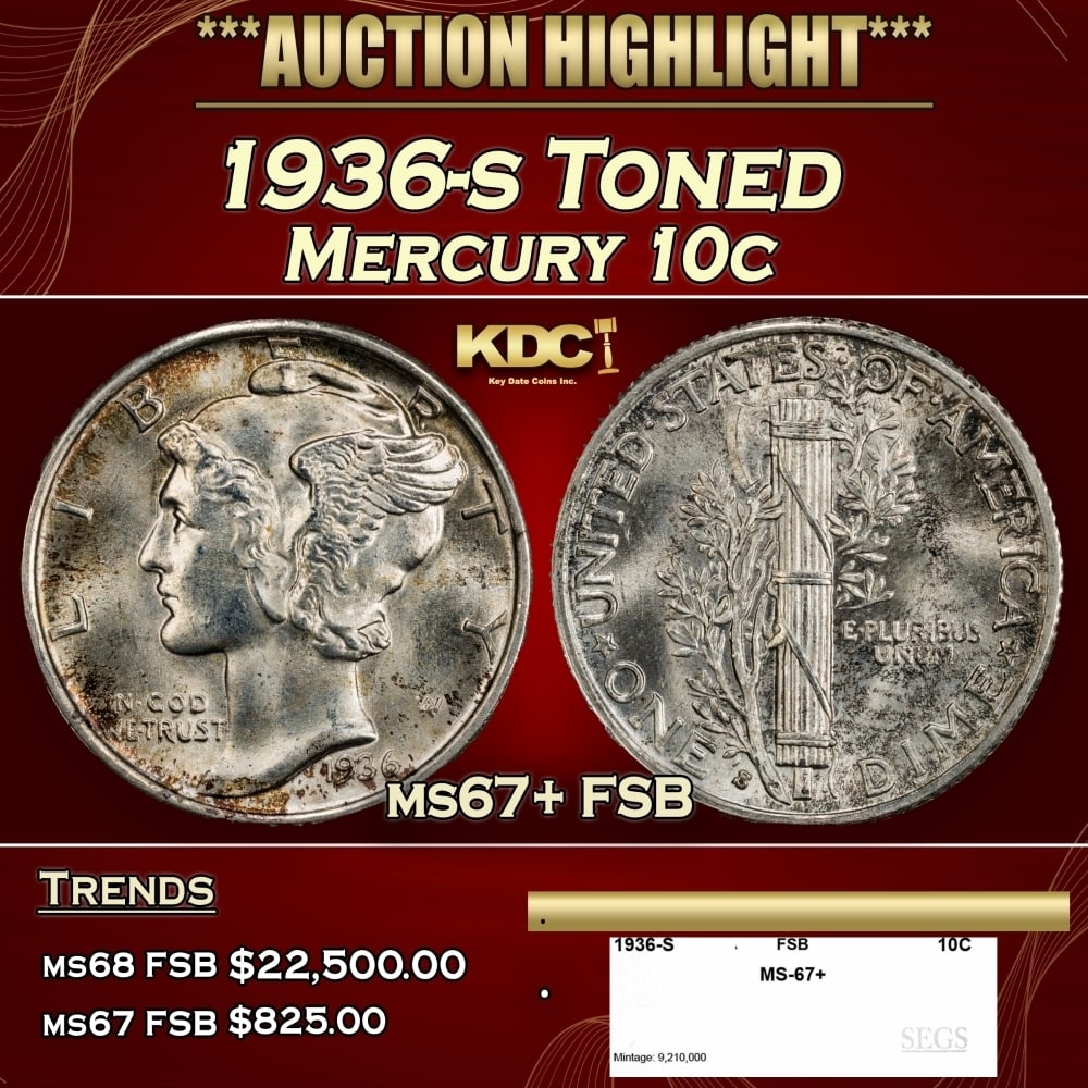 1936-s Mercury Dime Toned 10c ms67+ FSB SEGS: 1936-s Toned Mercury Dime 10c ms67+ FSB SEGS. 0