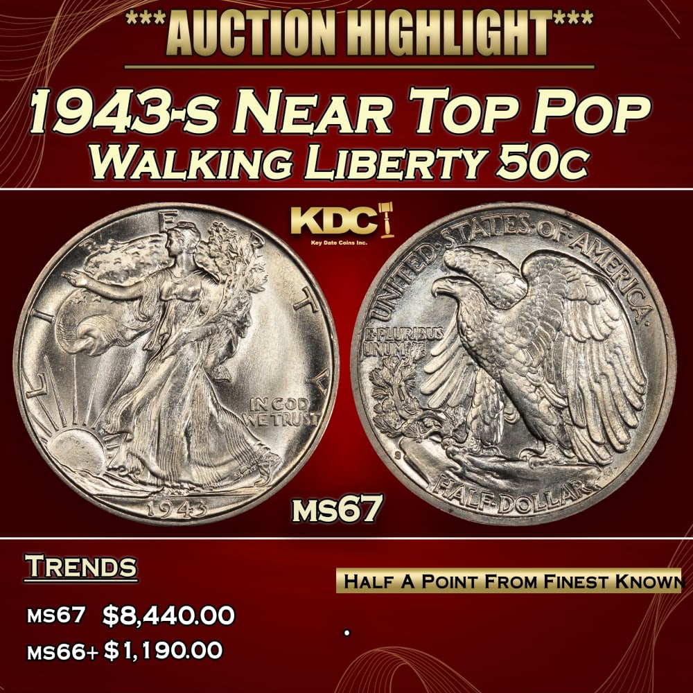 1943-s Walking Liberty Half Dollar Near Top Pop 50c ms67 SEGS: 1943-s Near Top Pop Walking Liberty Half Dollar 50c ms67 SEGS. 0