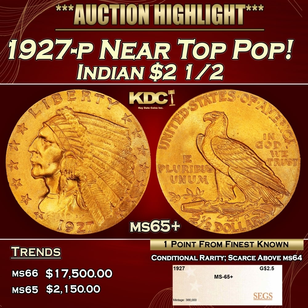 1927-p Gold Indian Quarter Eagle Near Top Pop! $2 1/2 ms65+ SEGS: 1927-p Near Top Pop! Gold Indian Quarter Eagle $2 1/2 ms65+ SEGS. Per David Akers of PCGS "The 1927 is similar in overall rarity to the 1926 and can be obtained without much difficulty in MS-65 or low