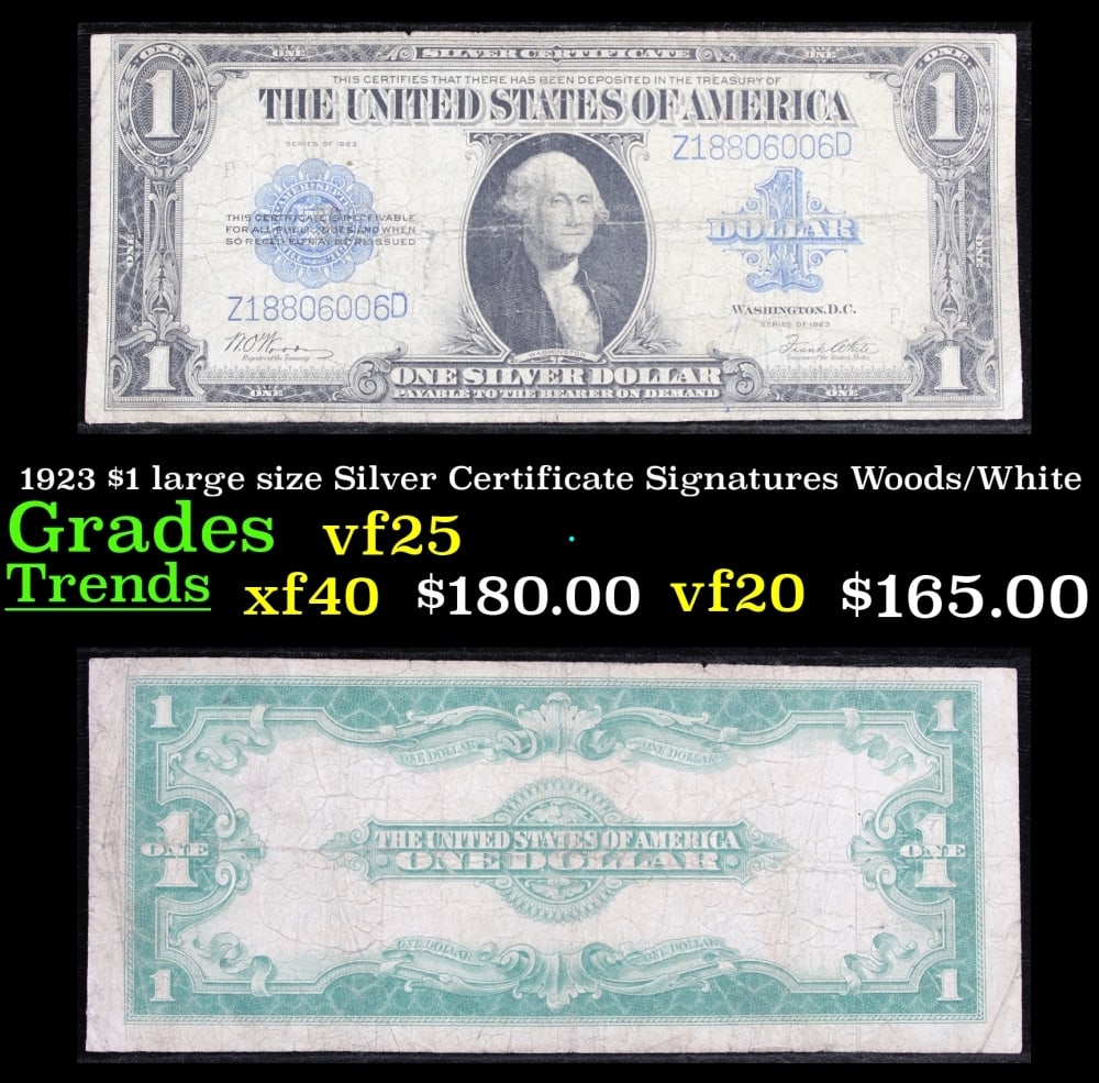 1923 $1 large size Silver Certificate Grades vf+ Signatures Woods/White: 1923 $1 large size Silver Certificate Grades vf+ Signatures Woods/White. Fr-238 The term “horse blanket” gets used a lot when talking about large size currency. It is most frequently used to d