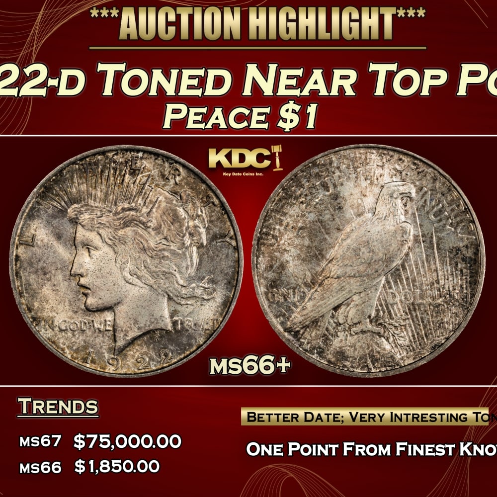 1922-d Peace Dollar Toned Near Top Pop $1 ms66+ SEGS: 1922-d Toned Near Top Pop Peace Dollar $1 ms66+ SEGS. 0