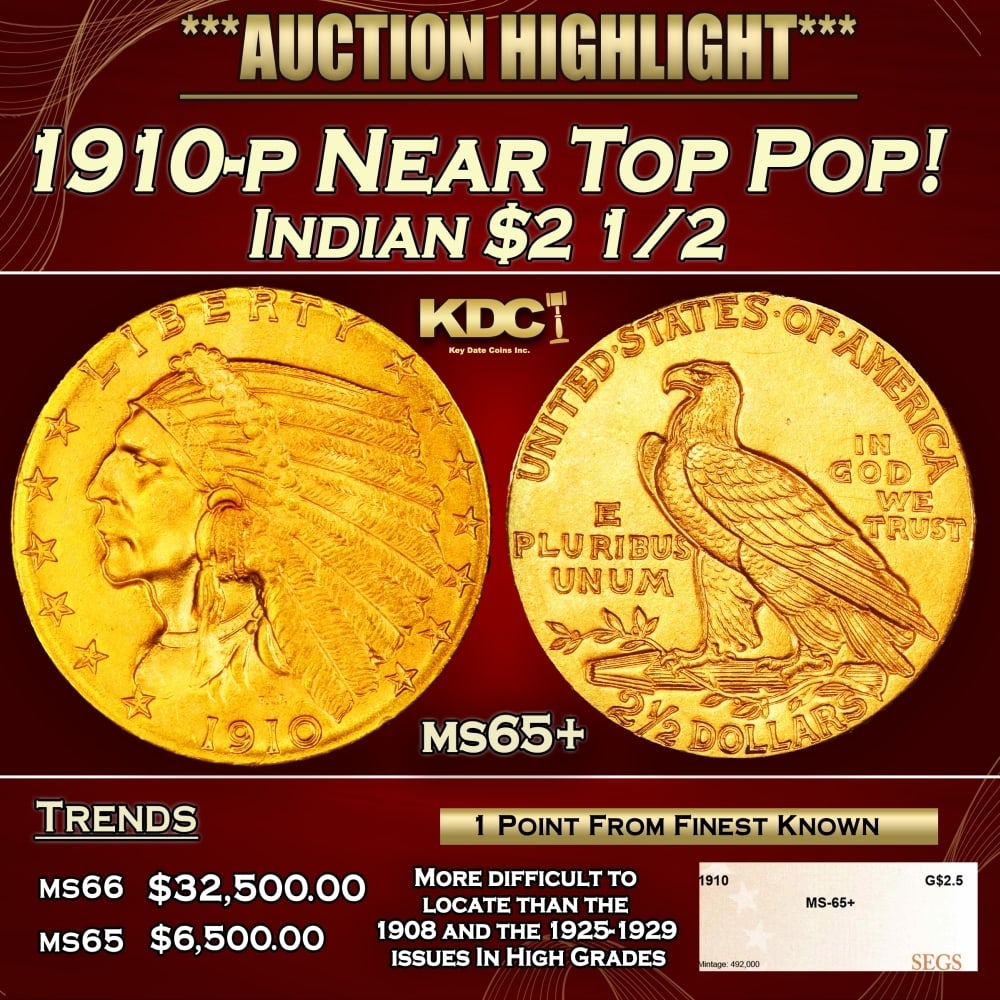 1910-p Gold Indian Quarter Eagle Near Top Pop! $2 1/2 ms65+ SEGS: 1910-p Near Top Pop! Gold Indian Quarter Eagle $2 1/2 ms65+ SEGS. The 1910 Indian quarter eagle claims a nominal mintage of 492,000 pieces, and the issue is a medium rarity in the series in high grade