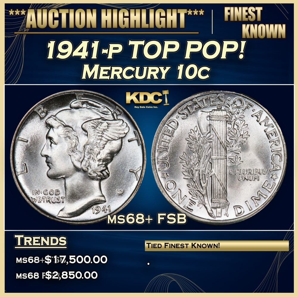 1941-p Mercury Dime TOP POP! 10c ms68+ FSB SEGS: 1941-p TOP POP! Mercury Dime 10c ms68+ FSB SEGS. 0