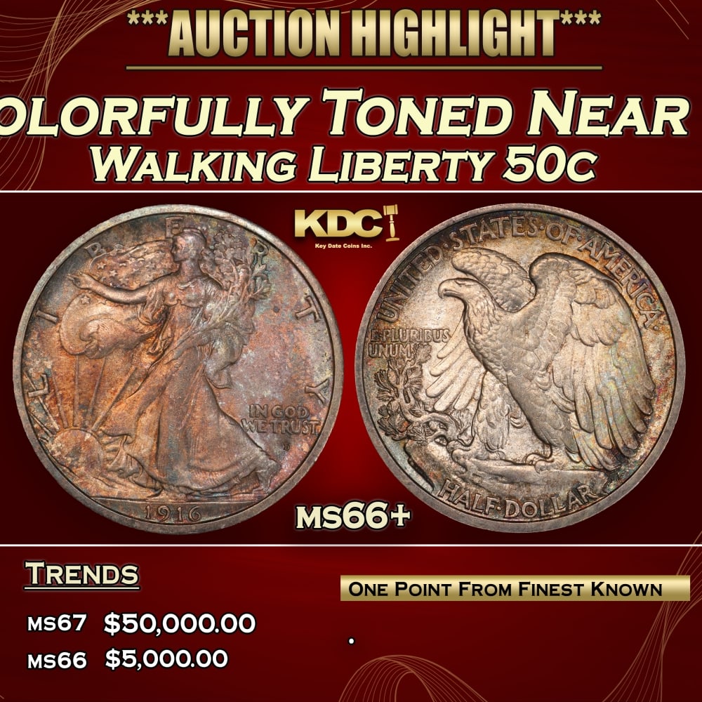 1916-d Walking Liberty Half Dollar Colorfully Toned Near Top Pop 50c ms66+ SEGS: 1916-d Colorfully Toned Near Top Pop Walking Liberty Half Dollar 50c ms66+ SEGS. 0