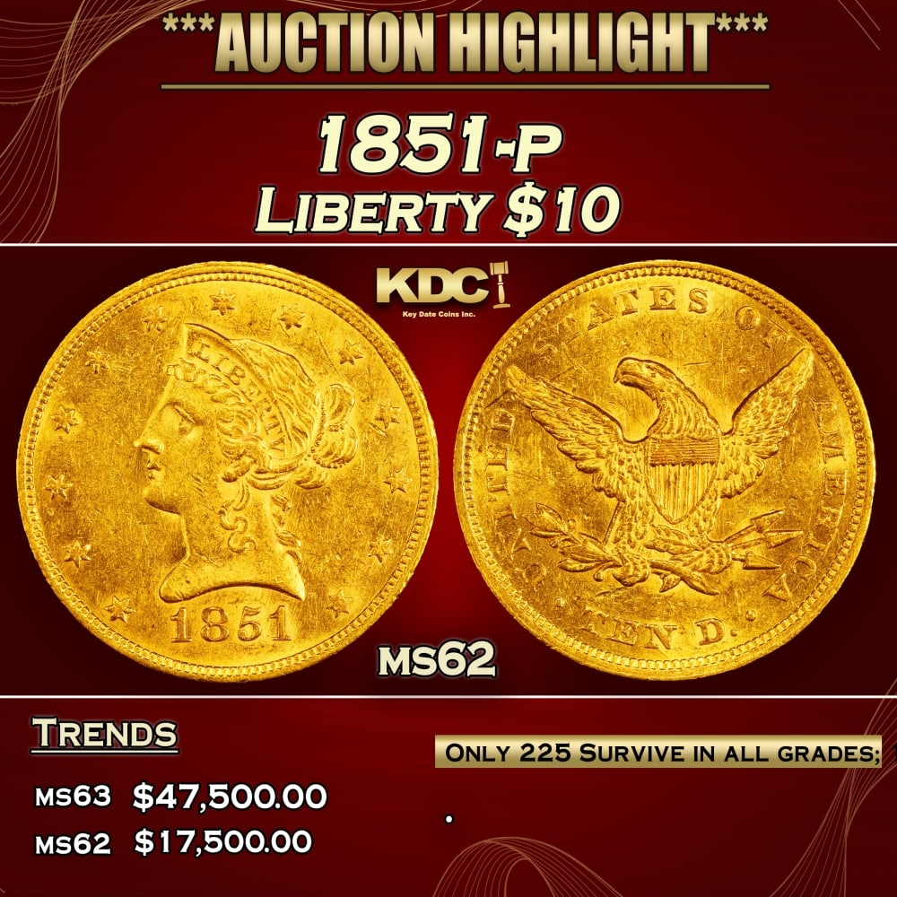 1851-p Gold Liberty Eagle $10 ms62 SEGS: 1851-p Gold Liberty Eagle $10 ms62 SEGS. 0 Per David Akers of PCGS " This date is rare and underrated in all grades. Strictly uncirculated examples are very rare and most available specimens grade onl