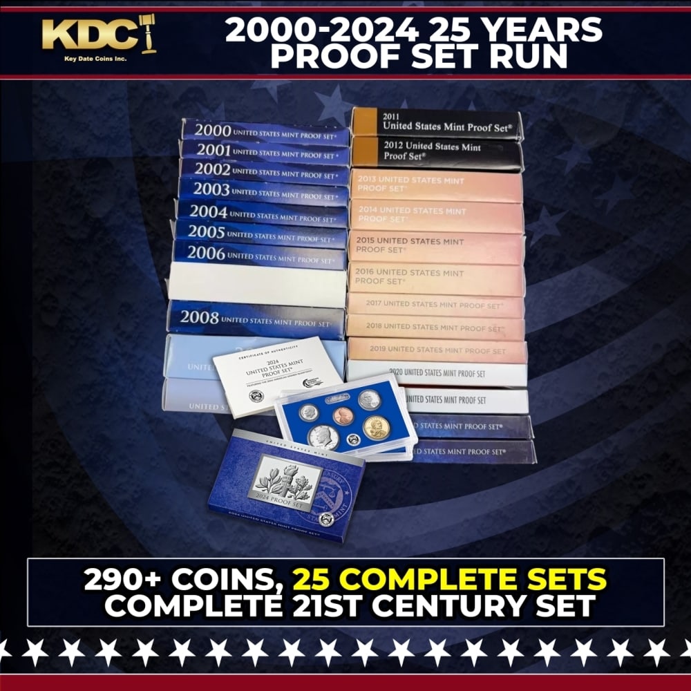 2000-2024 25 Proof Set Run - 292 Coins, 25 Complete Sets Comeplete 21st century Set: 2000-2024 25 Proof Set Run - 292 Coins, 25 Complete Sets Comeplete 21st century Set. 2000-2024 25 Years Modern Proof Set Run - 292 Coins, 25 Complete Sets. The 2009 mint and proof sets had the highest