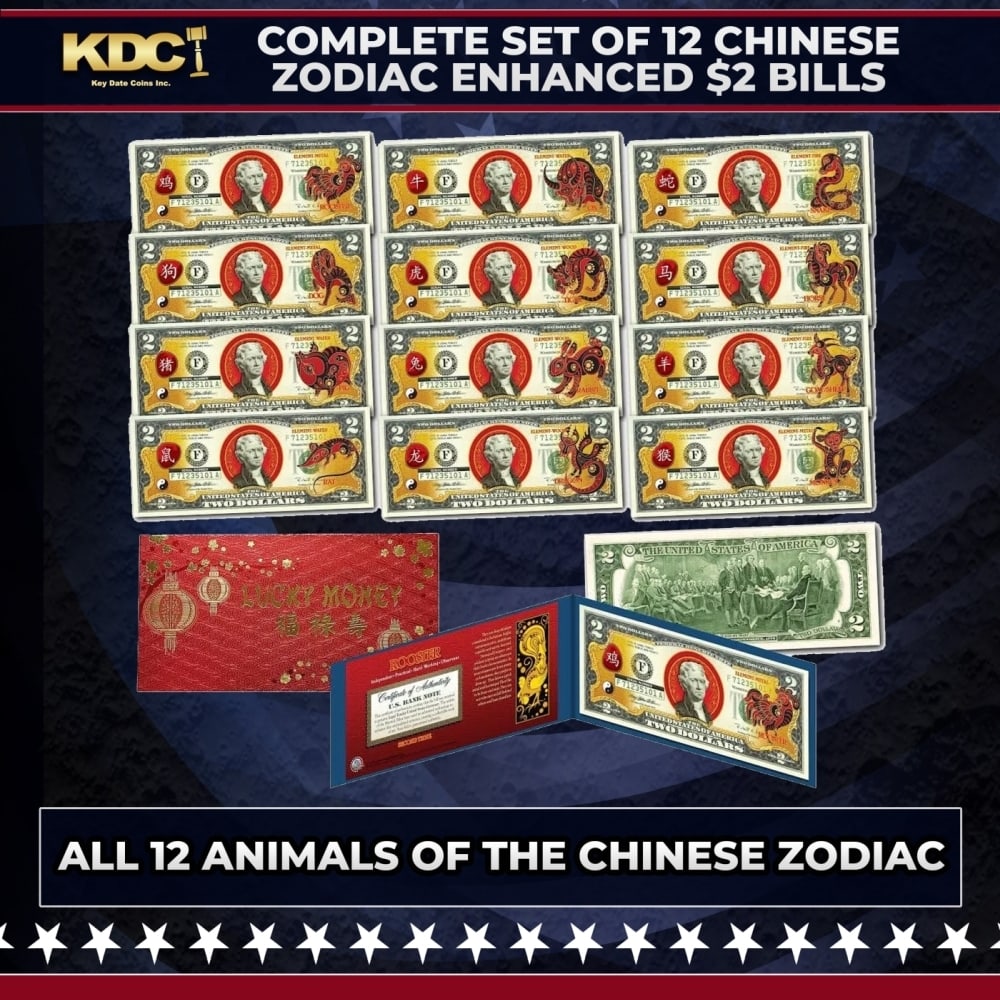 Complete Set of 12 Chinese Zodiac Enhanced $2 Bills All 12 Animals Of the Chinese Zodiac Other Toy: Complete Set of 12 Chinese Zodiac Enhanced $2 Bills All 12 Animals Of the Chinese Zodiac. 12 Uncirculated US $2 Bills Enhanced with Chinese Zodiac art. Genuine, authentic legal tender of the United St