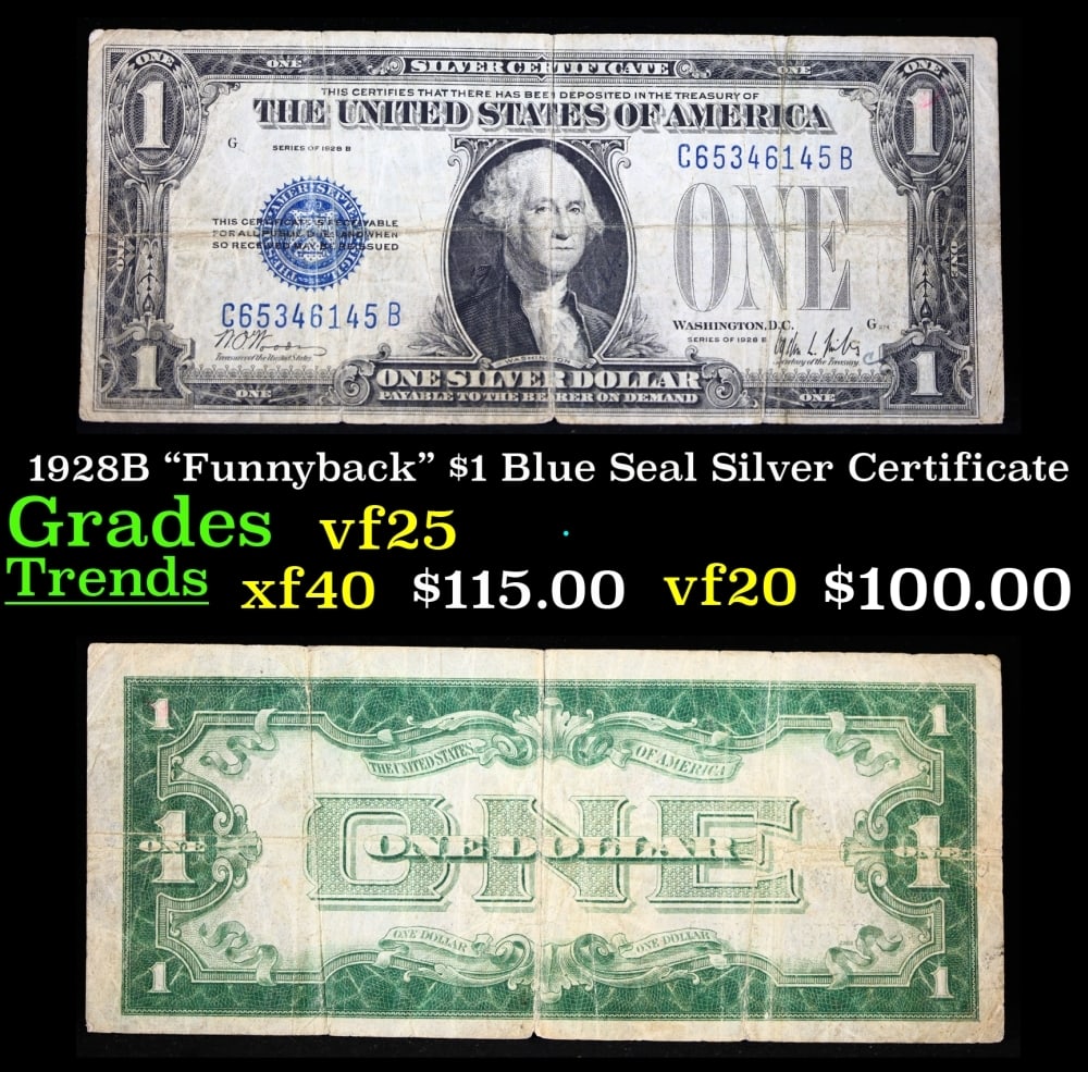 1928B $1 Blue Seal Silver Certificate "Funnyback" Grades vf+: 1928B $1 Blue Seal Silver Certificate "Funnyback" Grades vf+. FR-1602 Signatures Woods-Mills These were the first notes to be called funnybacks. The reason they are called funnybacks is because of the