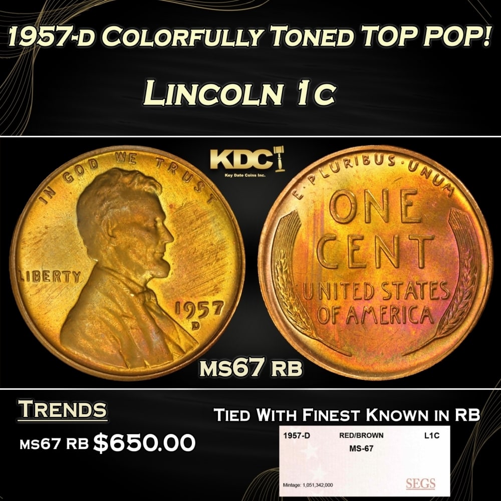 1957-d Lincoln Cent Colorfully Toned TOP POP! 1c ms67 rb SEGS: 1957-d Colorfully Toned TOP POP! Lincoln Cent 1c ms67 rb SEGS. 0