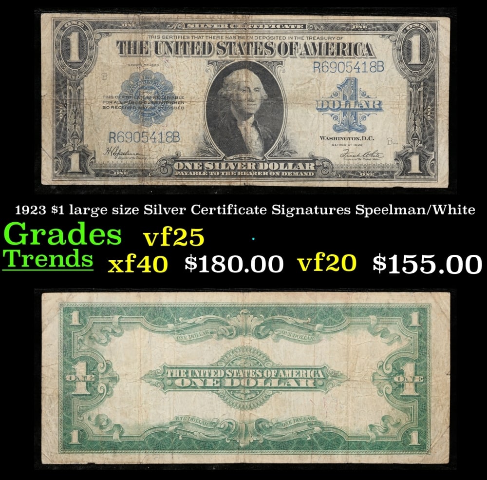 1923 $1 large size Silver Certificate Grades vf+ Signatures Speelman/White: 1923 $1 large size Silver Certificate Grades vf+ Signatures Speelman/White. Fr-237 The term “horse blanket” gets used a lot when talking about large size currency. It is most frequently used t