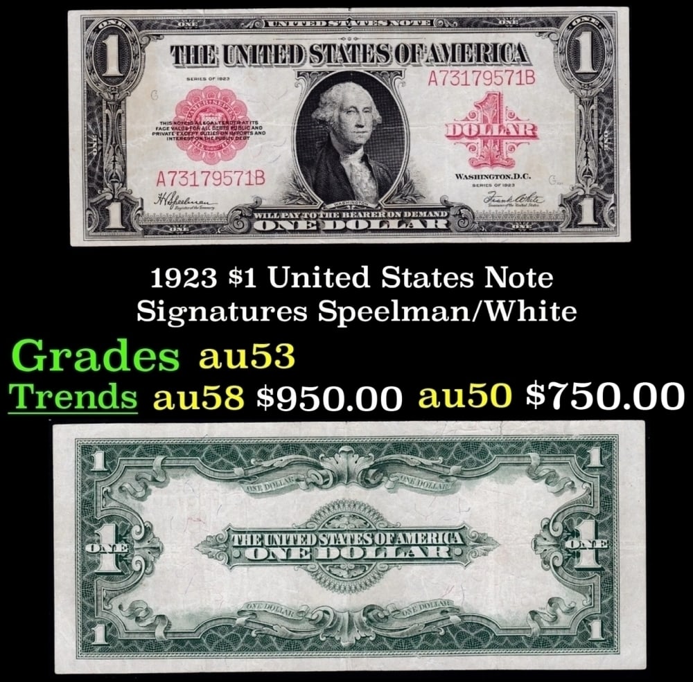 1923 $1 United States Note Grades Select AU Signatures Speelman/White: 1923 $1 United States Note Grades Select AU Signatures Speelman/White. Signatures of Speelman and White. The last of the large-sized U.S. $1 notes! Take a dollar bill out of your wallet and give it a