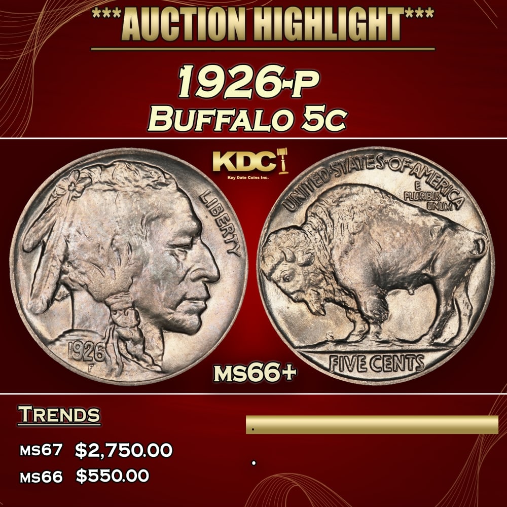 1926-p Buffalo Nickel 5c ms66+ SEGS: 1926-p Buffalo Nickel 5c ms66+ SEGS. 0