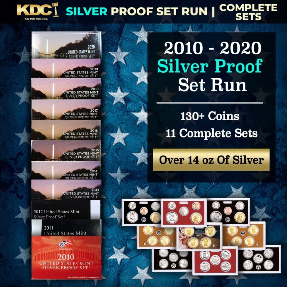 2010-2020 US Mint SILVER Proof Sets, 139 Coins Total, 11 Complete Sets Over 14oz Of Silver: 2010-2020 US Mint SILVER Proof Sets, 139 Coins Total, 11 Complete Sets Over 14oz Of Silver. 2009-2020 US Mint Silver Proof Sets, 157 Coins Total, 12 Complete Sets. The 2009 Silver Proof Set contained