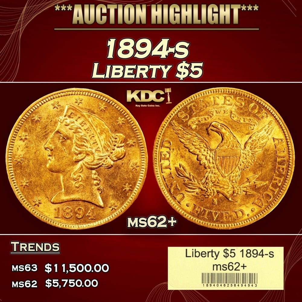 1894-s Gold Liberty Half Eagle $5 ms62+ USCG: 1894-s Gold Liberty Half Eagle $5 ms62+ USCG. 0