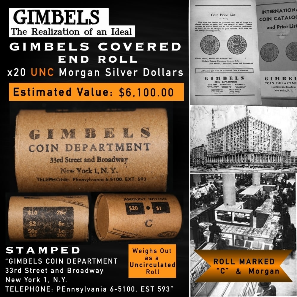 20 GIMBLES Silver Dollar Roll Morgan UNC C: 20 GIMBLES Silver Dollar Roll Morgan UNC C. Up For Auction is a 150- 20 GIMBLES Silver Dollar Roll Morgan UNC C Roll Weighing 537.3 g Based On this weight this is a UNC Roll We are very excited to pre