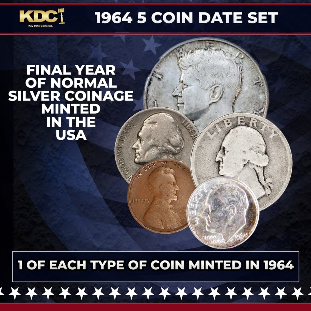 1964 5 Coin Date Set, 1 Of Each Type Of Coin Minted in 1964: 1964 5 Coin Date Set, 1 Of Each Type Of Coin Minted in 1964.