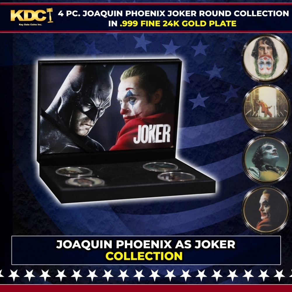 4 PC. Joaquine Phoenix As The JOKER Gold Plated Round Collection In Custom Box W/ Special Backer: 4 PC. Joaquine Phoenix As The JOKER Gold Plated Round Collection In Custom Box W/ Special Backer card. Please Note All Backer Cards may have slight differences but will be very similar if not identica