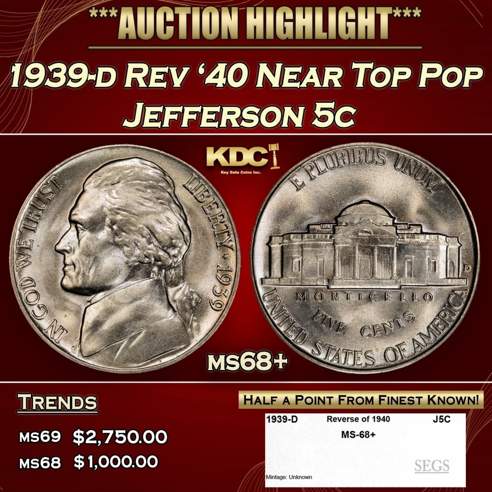 1939-d Rev '40 Jefferson Nickel Near Top Pop 5c ms68+ SEGS: 1939-d Rev '40 Near Top Pop Jefferson Nickel 5c ms68+ SEGS. 0
