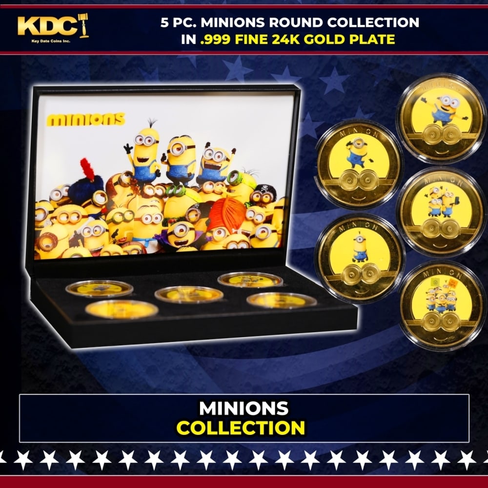 5 PC. Minions Gold Plated Round Collection In Custom Box W/ Special Backer card: 5 PC. Minions Gold Plated Round Collection In Custom Box W/ Special Backer card. Please Note All Backer Cards may have slight differences but will be very similar if not identical to the one in the ph